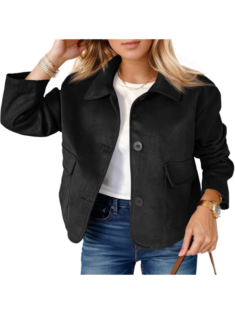 Women's Black Faux Suede Cropped Jacket Button Down Vintage Casual Shacket